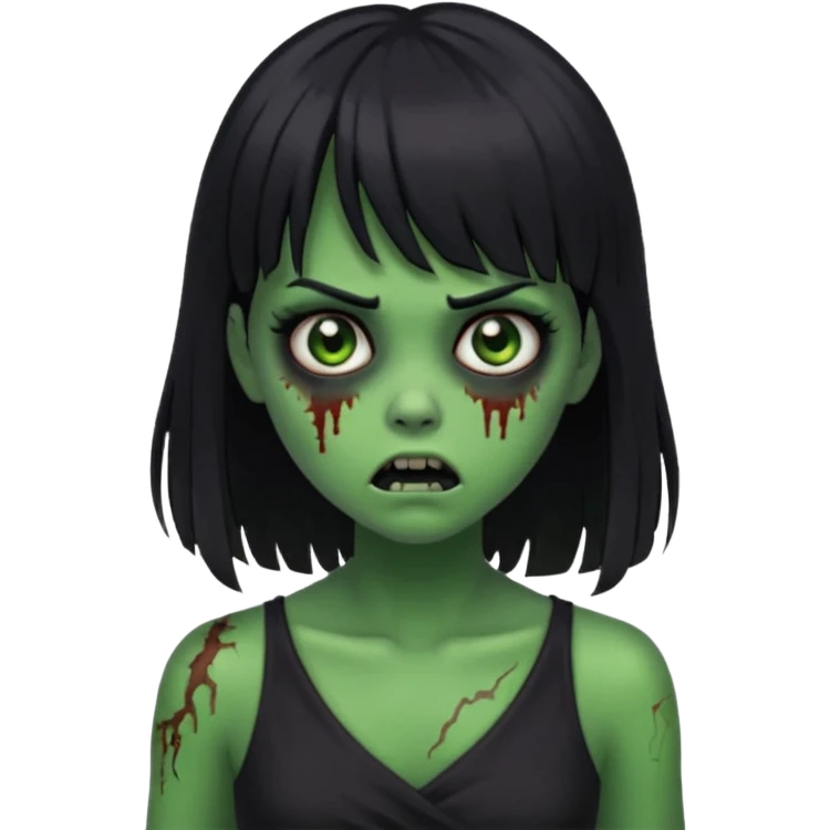faça uma garota na forma de zumbi com a pele verde, assustada e com os olhos escurod, com o cabelo preto com franja e longo e a roupa decotada preta emoji