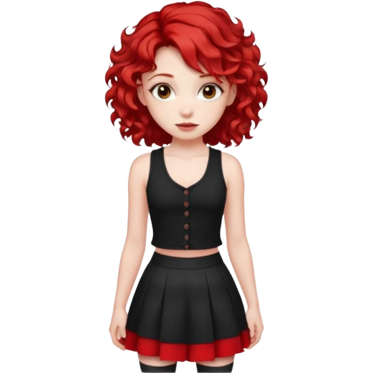 red haired girl with 2 big curls on the sides of her hair with a button up black tank top with red accents and a short skirt with red end emoji