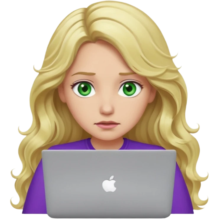 lady with long blonde wavy hair, purple top, green eyes throwing her with a laptop looking exhausted emoji