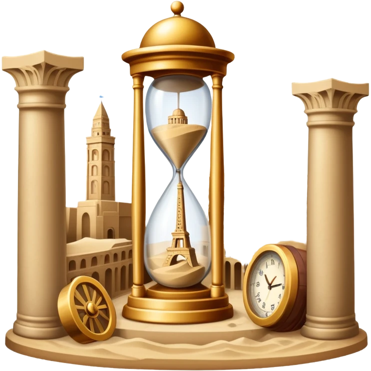 icon featuring ancient scrolls, quill pen with famous historical landmarks and monuments in the background like colliseum. Large, antique sand clocks with sand pouring out represent the passage of time. Historical figures are depicted as statues. Transparent background. emoji