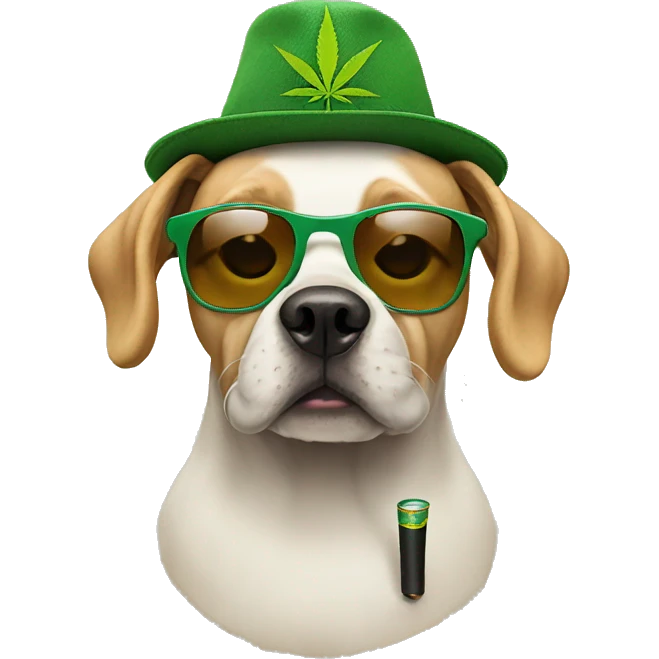 Dog wearing weed hat with sunglasses on and pipe in mouth emoji