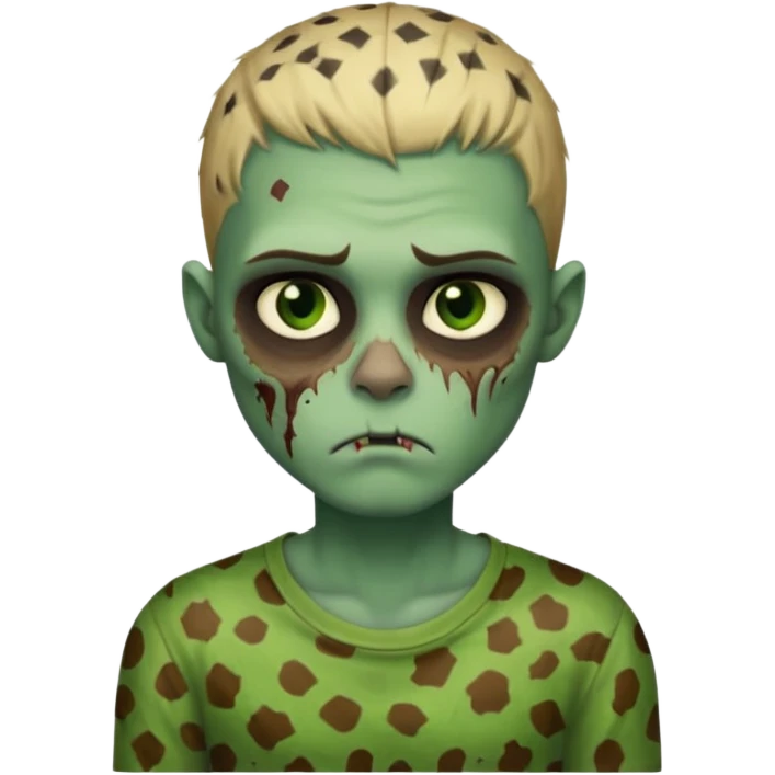 Zombie boy with green skin and sleepy eyes and scars on his face and a shirt that has cheetah texture emoji