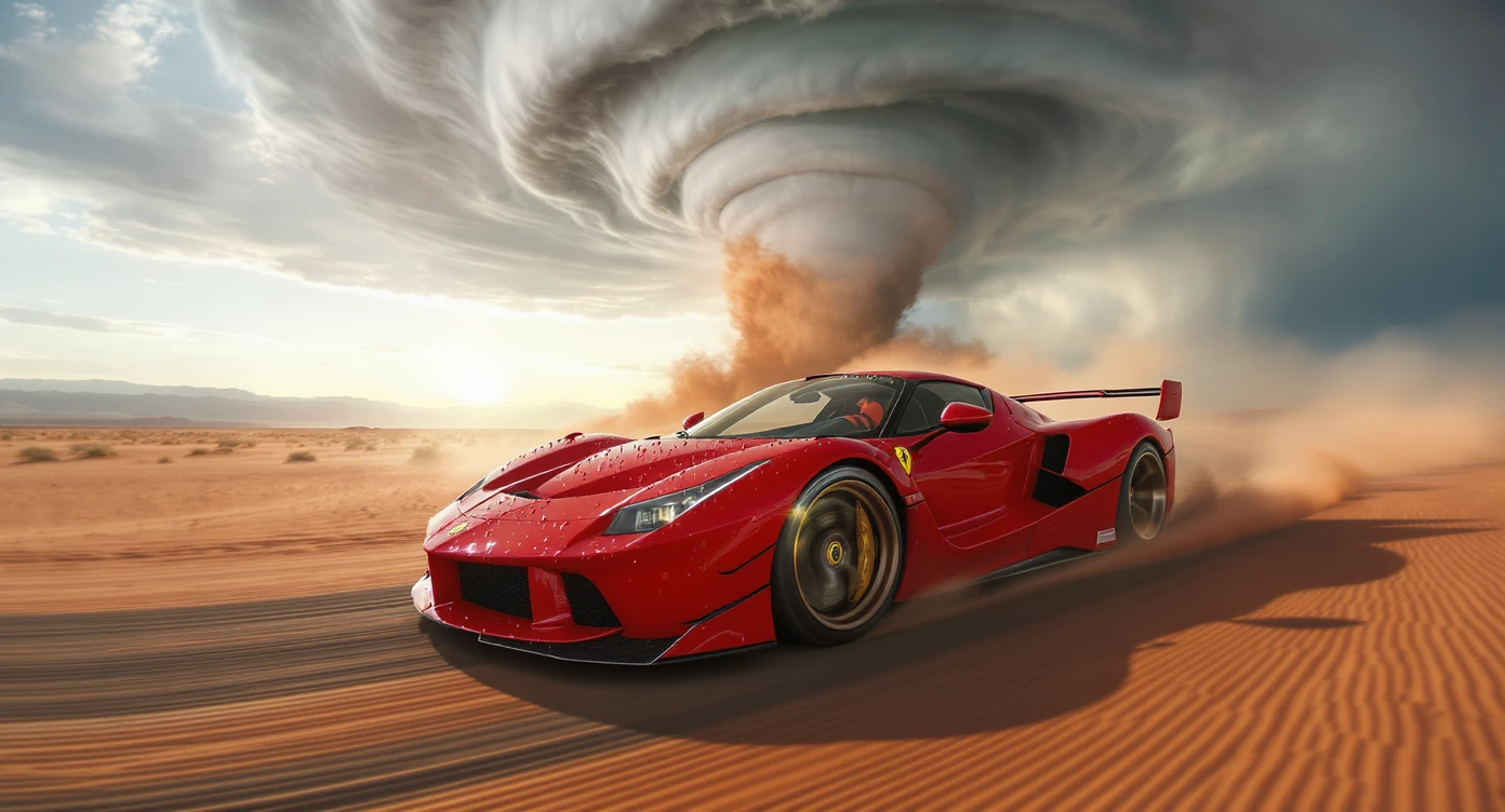 Cinematic still of a ferrari f40 around tornado od arizona desert, sun flare, captured by gopro hero with effect fisheye, water drops on car body, detailed, inspired by interstellar look, captured by a arri alexa emoji