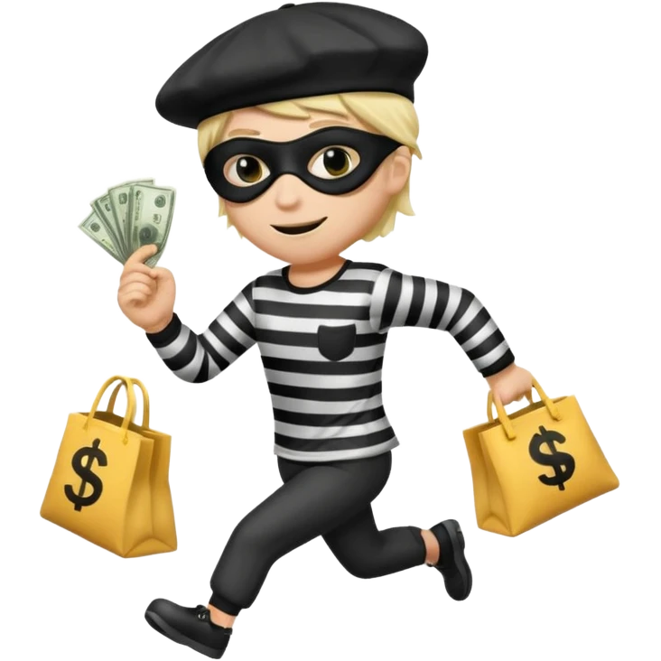 running emoji of a classic burglar, a black eye mask (looks like a blindfold) and a black-and-white striped shirt. emoji-like hair, black hat, ONE bag of money 💰 with a dollar sign in a hand emoji