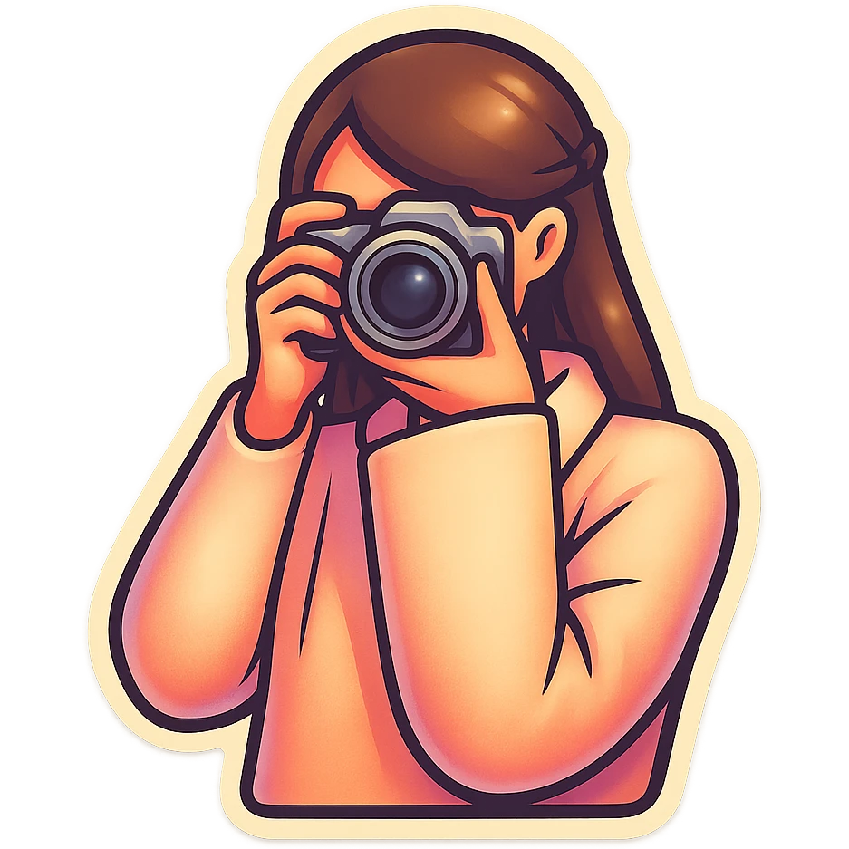 A girl with a camera in retro sticker style, with clear bold outlines, expressive shadows and highlights, no flowers or foreground elements. Focus on the girl and the camera, matching the style of the reference image. emoji