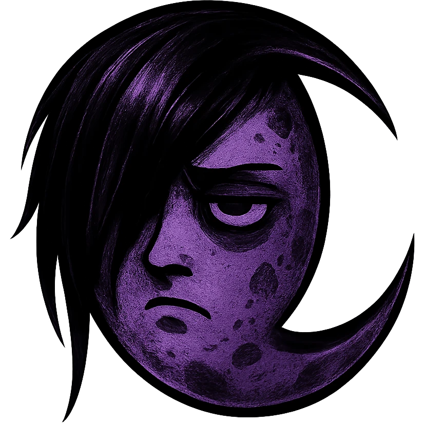 emo-style moon, black and purple, moody, no background emoji