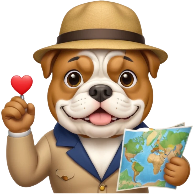 english bulldog as a cheerful tour guide, wearing a hat and holding a map emoji