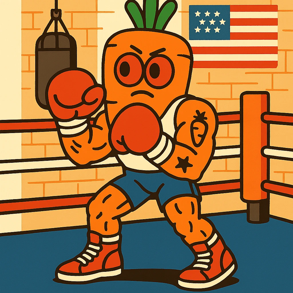 muscular carrot character as a boxer, wearing high-top sneakers, white tank top, big slightly flat red cartoon eyes, bandaged hands, tattoos, in a vintage 1980s American boxing gym, American 80s style, cartoon style emoji