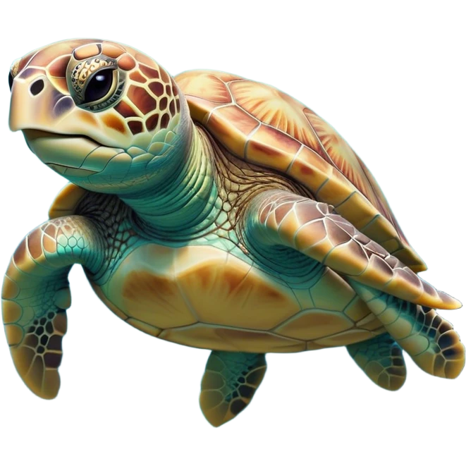 Cinematic Realistic Cute Sea Turtle Portrait Emoji, Head tilted playfully and inquisitively, featuring a compact, gentle form with a beautifully detailed shell adorned with natural patterns and a soft, expressive face with sparkling eyes, rendered with realistic textures and warm ambient light; high shine, affectionate and spirited, styled with a touch of marine whimsy, soft glowing outline, capturing the essence of a mischievous yet lovable sea turtle that seems ready to swim playfully into your arms! emoji