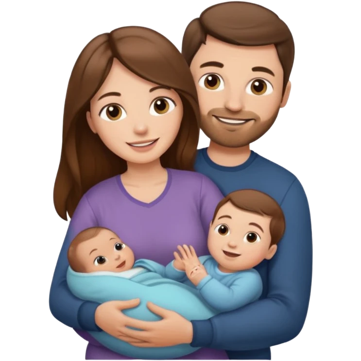 "Woman with long brown hair and fair skin holding a baby. And man with short brown hair and fair skin, without a mustache, holding a child. Smiling." emoji