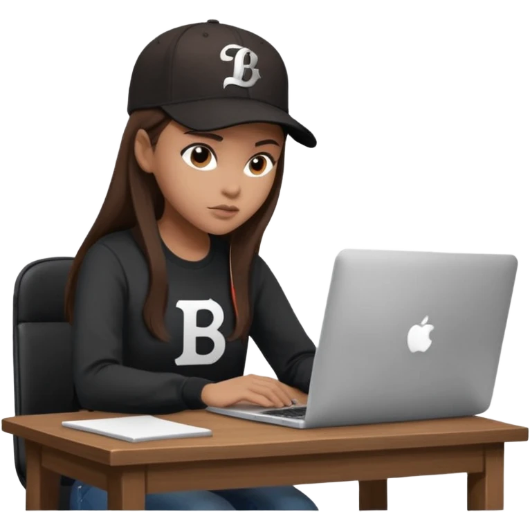 A professional 3D avatar of a young woman with light brown skin and long, dark brown hair, wearing a dark, long-sleeved shirt and a black baseball cap with a prominent white 'B' logo. She's sitting at a sleek wooden desk, typing on a silver MacBook. emoji