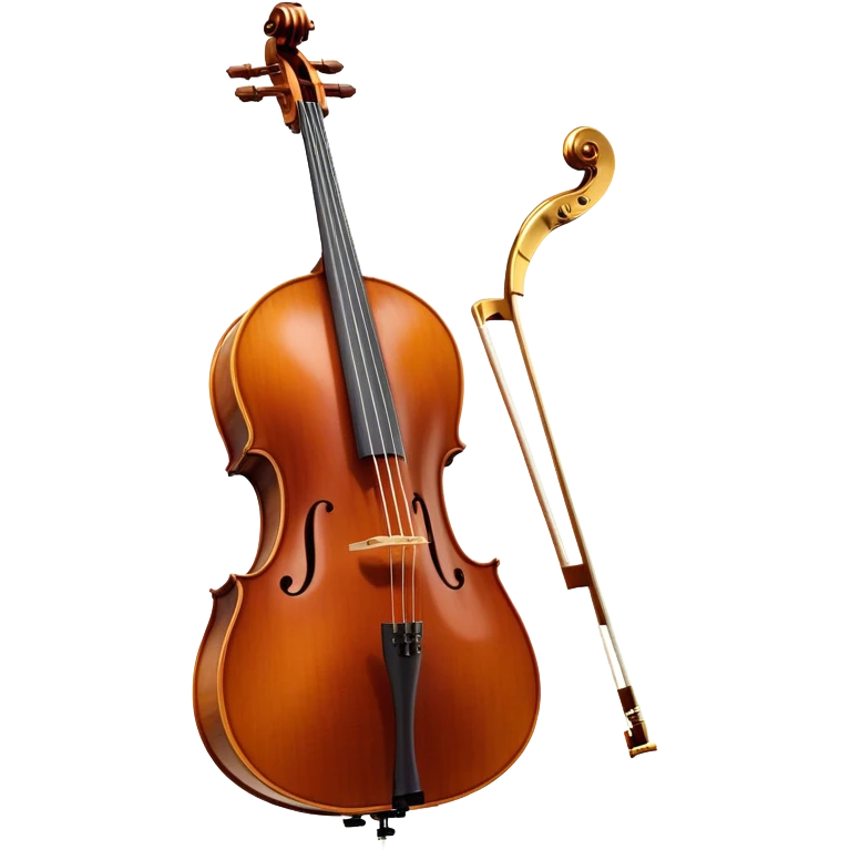 Create an elegant and refined emoji representing the Cremona cello with a Hans Klein HKCB bow. The design should feature the curved wooden body of the cello with a rich, glossy finish, capturing its classical shape and intricate details. The bow should be displayed with fine craftsmanship, highlighting the hair and the smooth, polished wooden stick. Include subtle musical notes floating around the instrument to emphasize its rich, melodic sound. Use deep wood tones like chestnut brown, gold accents for the fittings, and soft lighting effects to give the instrument a timeless, professional feel. The background should be transparent. emoji