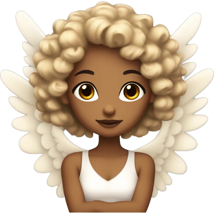 tan angel girl with black curls, pretty, wings emoji