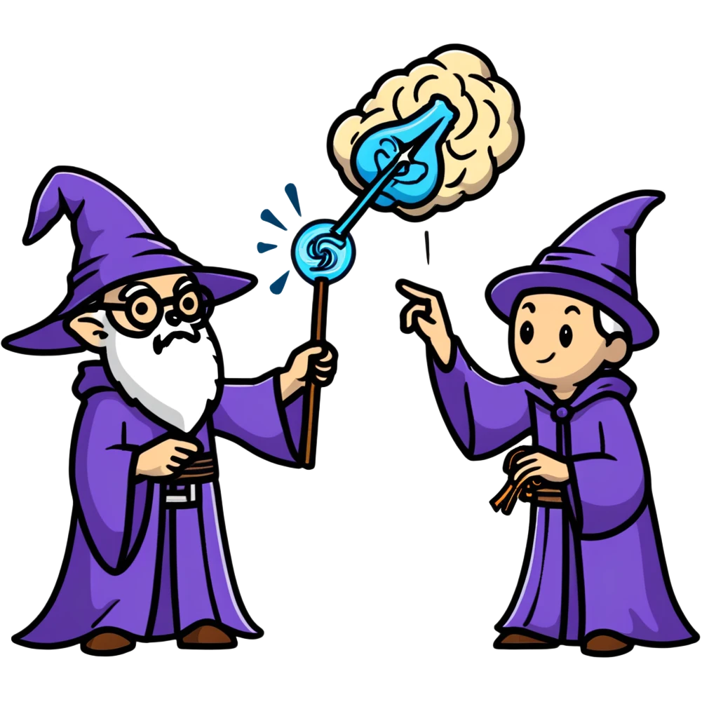 wizard and brain dueling with spells emoji