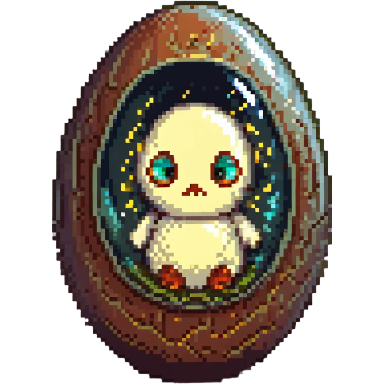a tiny fetal shape inside of a large glass egg, alien embryo, eerie, tiny glowing eyes emoji