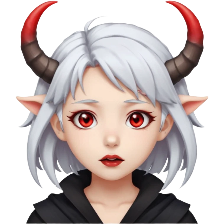 Dark style anime girl with white hair and red eyes, with horns on her head . There is an emotion of inhalation on the face emoji