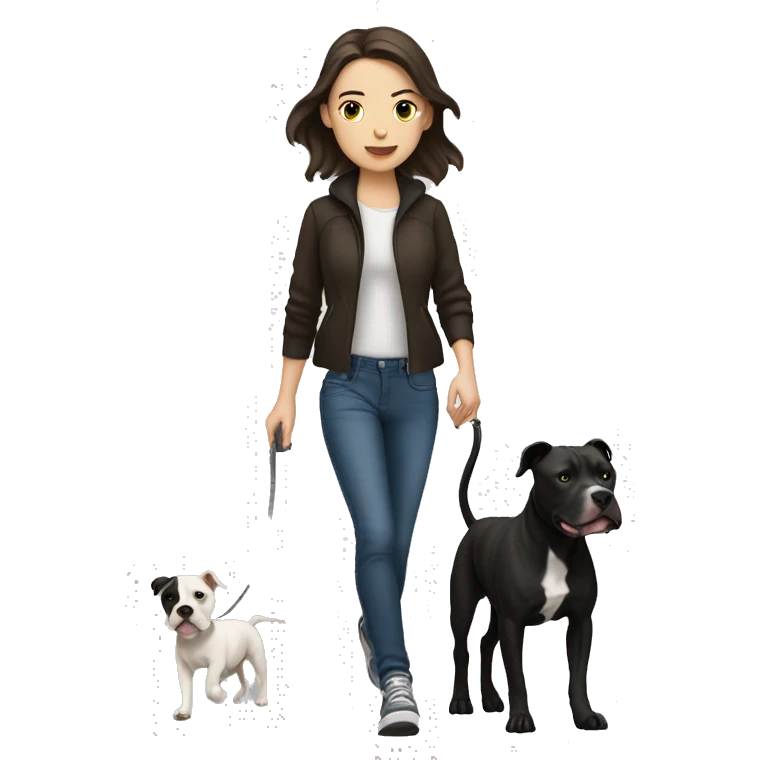 White brunette Girl walking a black pit bull emoji