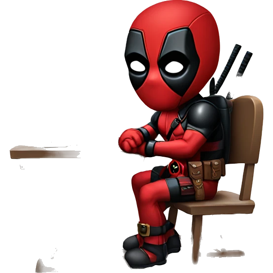 Cute Deadpool sitting at a desk, front view emoji