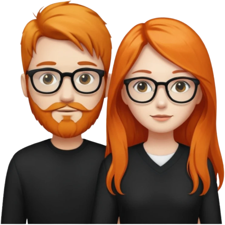 girl with long orange hair wearing no glasses and all black clothes and holding hands with boy with black hair and beard and glasses and pale skin emoji