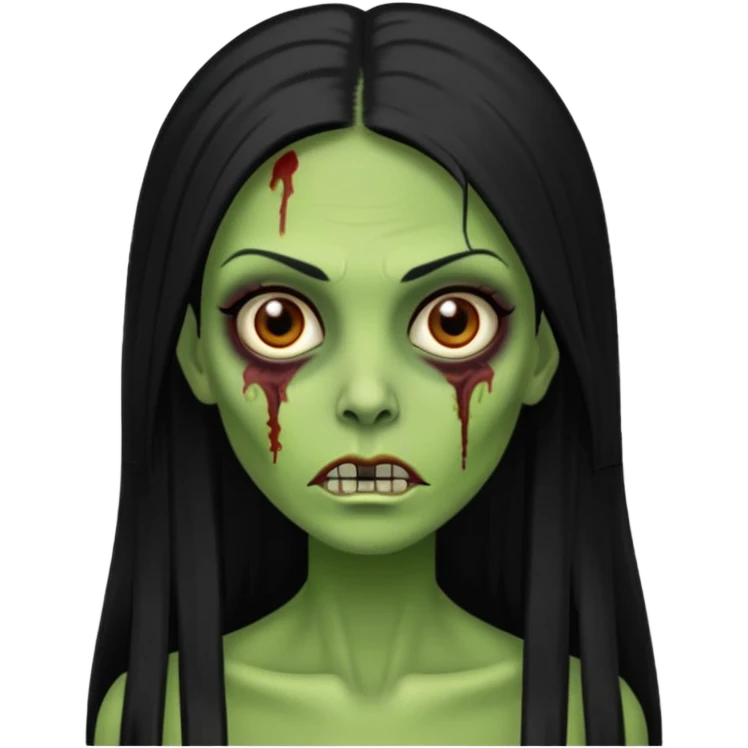 Faça uma zombie verde mulher com cabelos preto, liso e grande de olhos castanhos  emoji