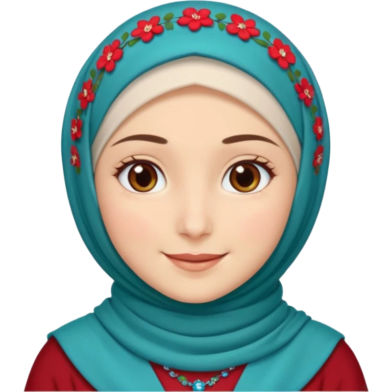 Turkish beautiful finish Konya girl brown eyes white skin with red blue green mini flowers hijab and brown islamic dress and smiles emoji
