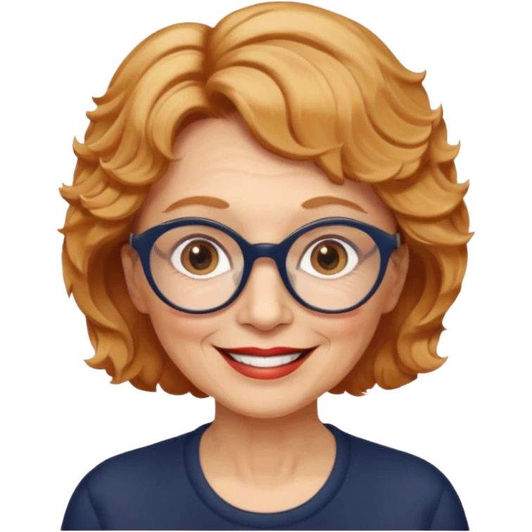 woman 70 years old, very short strawberry blonde weavy hair, brown eyes and round dark glasses smile emoji