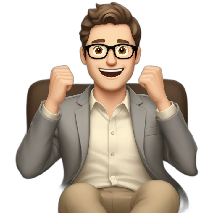 Joyful Celebrating victory Hands up Pale skinned Fit Man With dark brown hair in gray jacket, beige office shirt, Brown pants and vintage glasses sitting In a soft chair emoji
