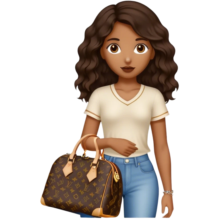  Brown girl with dark brown medium beach wavy hair carrying one Louis Vuitton purse on her arm while standing  emoji