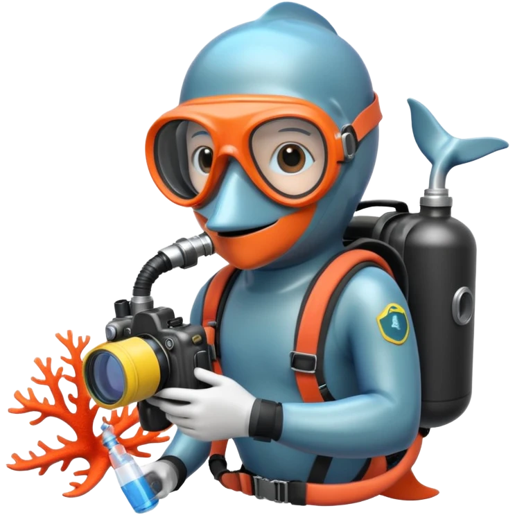 A brave dolphin in diver mask and oxygen tank, exploring coral with a waterproof camera.

 emoji