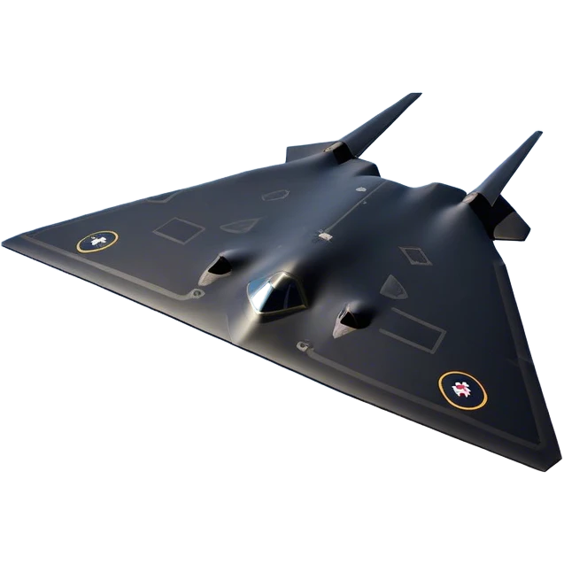 B-2 Spirit bomber - Northrop B-2 (Model Year: 2021) (Iconic colour: Stealth black) - A sleek, stealth bomber with smooth, angular contours and a matte jet-black finish. Emphasize a futuristic, minimalist design with a seamless fuselage, low-profile wings, and an overall intimidating stealth aesthetic. emoji
