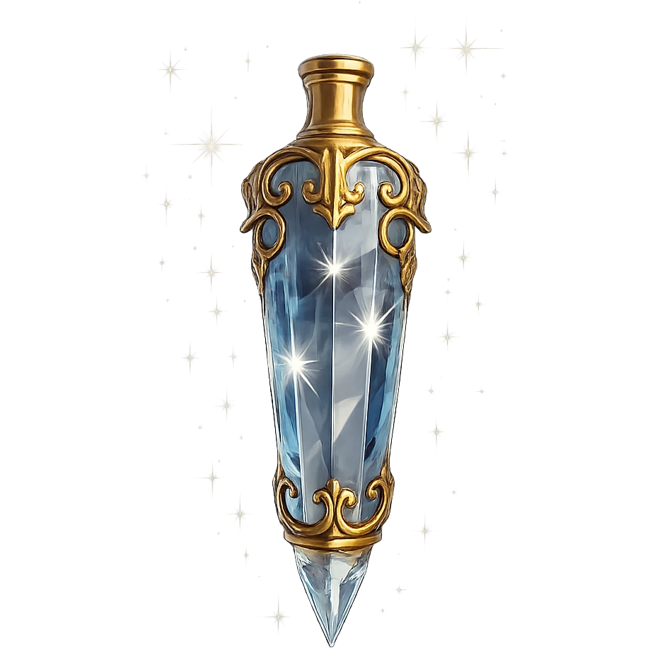 crystal luxurious elixir bottle in baton shape, lots of shining, edges, ornaments, golden details, magical effects, very small golden neck, transparent background, beautiful seamless bottom, bottle clearly floating in air, no base or shadow, very luxurious, playful, matching the collection emoji