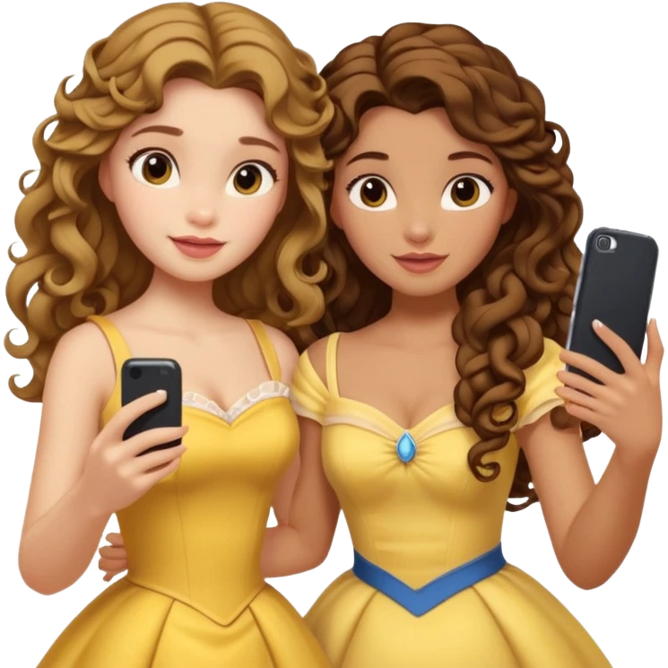 Haz un dos chicad una la princesa Bella de Disney y la otra uo con el pelo rizado largo haciendose un selfie como si et UVI ETB en el perquè de isney emoji