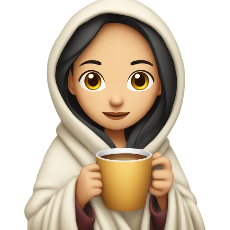 Asian girl wrapped in cozy blanket drinking coffee emoji