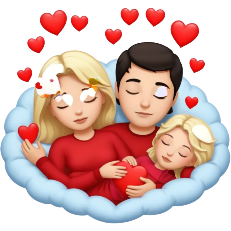Sleeping romance couple. man has dark hair. woman is blonde. hearts surrounding them. no third person. emoji