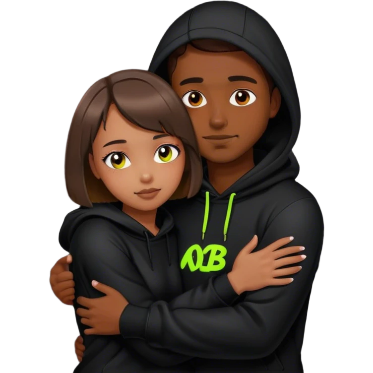 cyberpunk a girl with brown hair, a bob haircut, hugs a guy by the neck, both in black hoodies with neon emoji