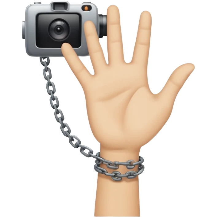 Minimalist emoji-style sticker of a human hand bound by a chain leading to a video camera. Icon-like, clean silhouette, muted tones. emoji