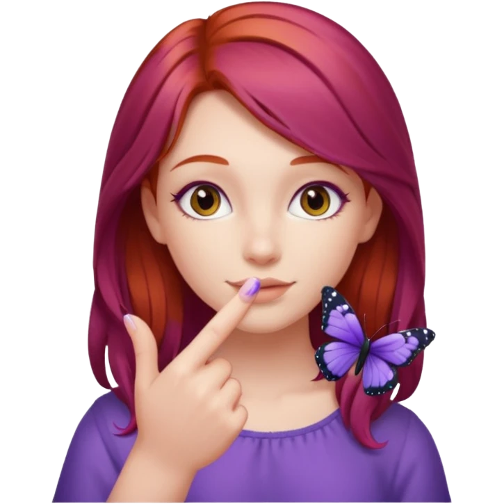 red haired girl finger holding purple butterfly emoji