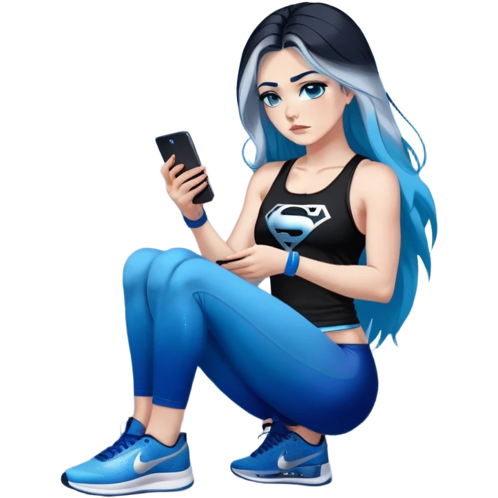 Shameful disappointed crying-very very very very big chest-texting on a samsung cell phone-very long straight flowing black to sky blue hair ombre-blue eyes-black eyeliner-long eyelashes-plastic sparkling sky blue very low cut tank top with sparkling superman logo-black leggings-nike sneakers emoji