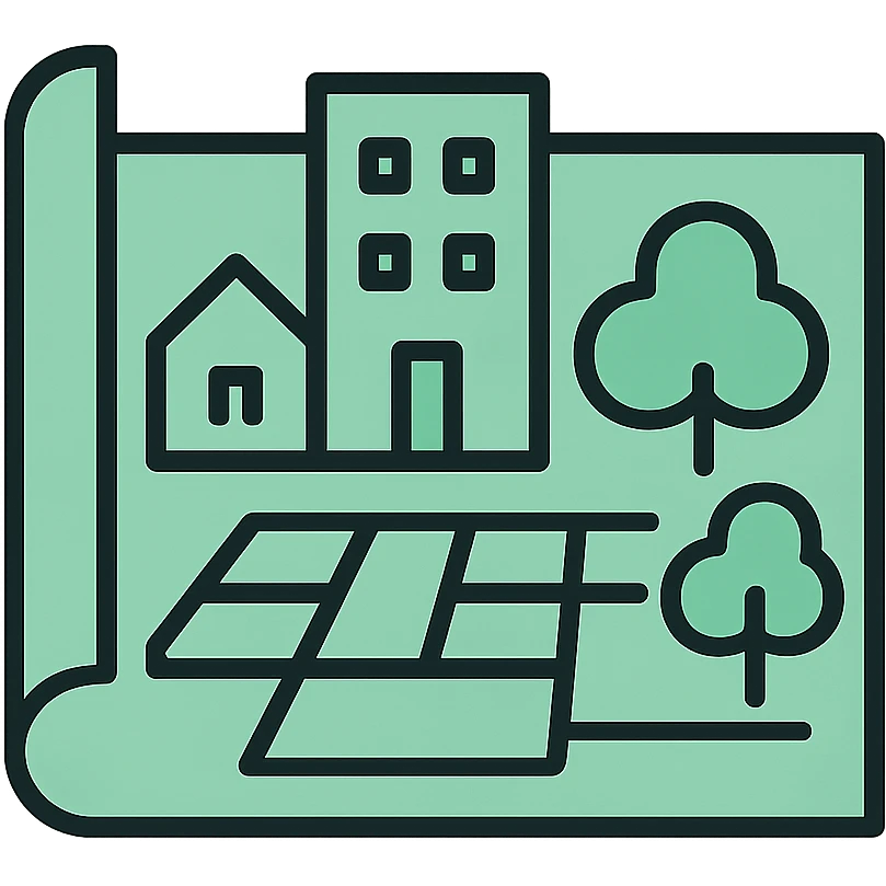 Skeuomorphic sustainable city planning icon with mint green #B5F4D3 and black #111111 color scheme, showing an architectural blueprint with buildings and green spaces, clean symmetric design with subtle depth and soft light emoji