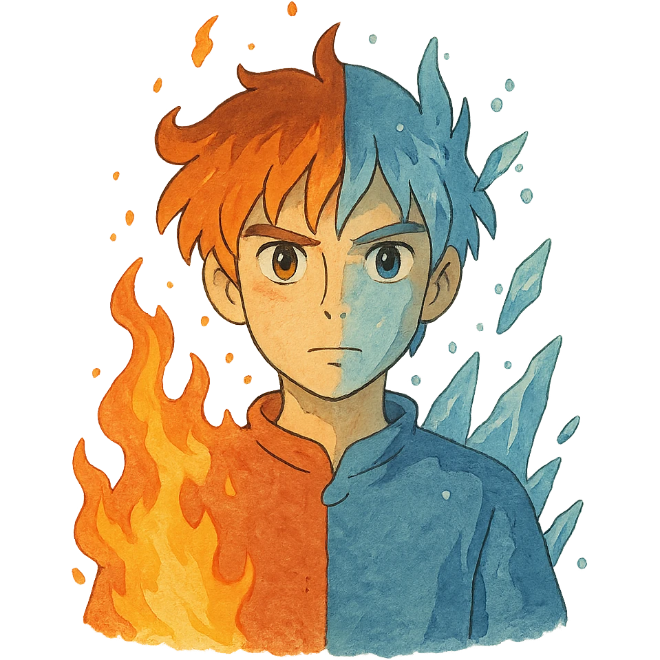 ghibli style illustration of a character with one side fiery and the other frosty, showing hot but cold emoji
