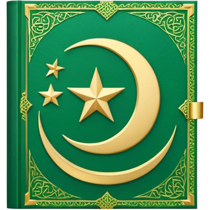 Closed Quran with the Islamic Symbol on it (moon and star) green from left to right emoji