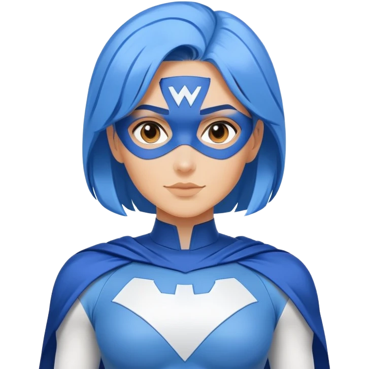 A close-up emoji of a friendly woman with blue hair wearing a minimalist blue and white superhero costume. The costume has a large empty area on the chest for the logo, uses only blue and white colors, and has minimal details. emoji