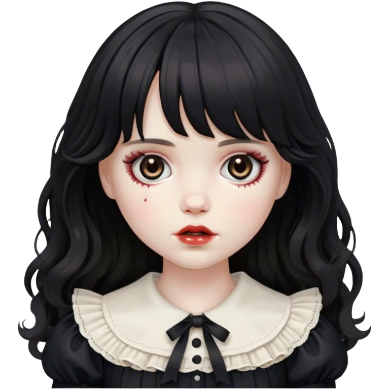 a very pale white girl dead and bleeding feminine with medium length black wavy hair with bangs with big light brown eyes looking like a porcelain doll with black clothes emoji