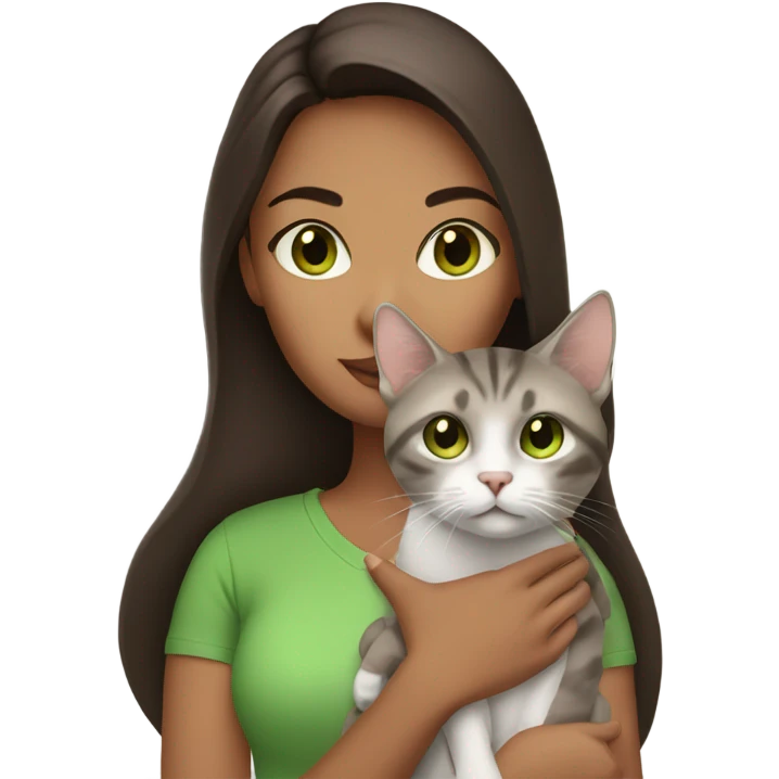 Brunette women with brown eyes holding tabby cat with green eyes emoji
