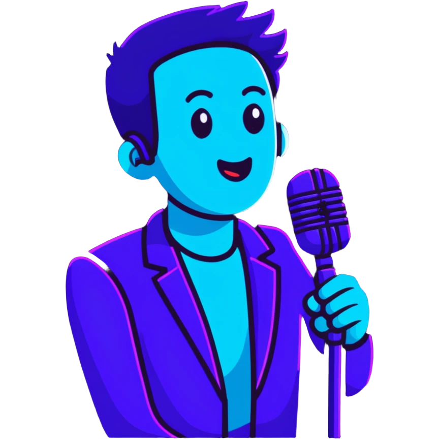 man speaking into a microphone, with neon glow effect, blue neon glow on top left, purple neon glow on bottom right emoji