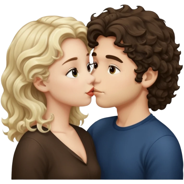 White Italian boy with dark brown wavy fluffy hair and blonde girl that's pale with wavy hair kissing emoji