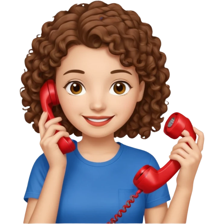 chica con piel blanca sonriendo, ojos marrones y pelo marrón atado con rulos con remera celeste. atendiendo un teléfono rojo emoji