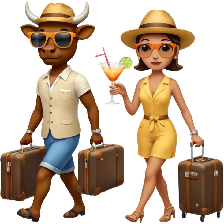generate an emoji of a group of up to 8 male and female bulls travelling together on holidays. One bull has a suitcase, one has sunglasses, one is carrying a cocktail. They're all in motion, walking together. Make the characters look like bulls. They wear summer clothes emoji
