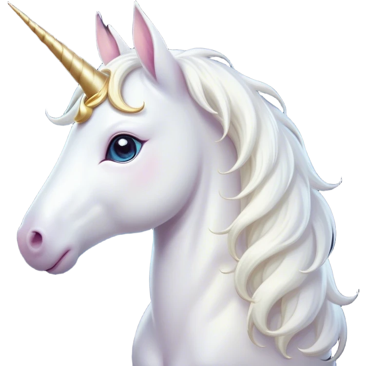 Cinematic Cute White Unicorn Portrait Emoji, Head tilted playfully and inquisitively, featuring a charming, petite form with a silky white color, a delicately flowing mane and tail, and a tiny, sparkling horn, with large, dreamy eyes full of wonder, Simplified yet irresistibly adorable features, highly detailed, glowing with a warm, enchanting glow, high shine, affectionate and lively, stylized with a touch of fairy-tale whimsy, soft glowing outline, capturing the essence of a mischievous yet endearing white unicorn that seems as if it could gallop out of the screen into your heart! emoji