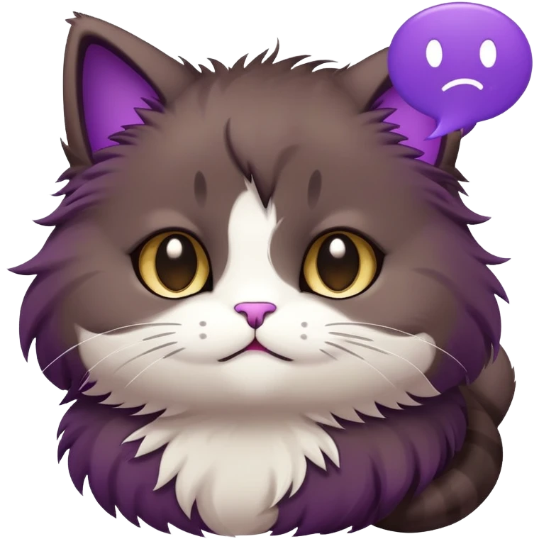 a dark-brown fluffy cute anime cat saying “maybe” with a purple speech bubble emoji